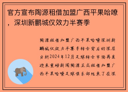 官方宣布陶源租借加盟广西平果哈嘹，深圳新鹏城仅效力半赛季