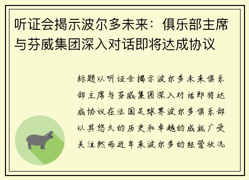 听证会揭示波尔多未来：俱乐部主席与芬威集团深入对话即将达成协议