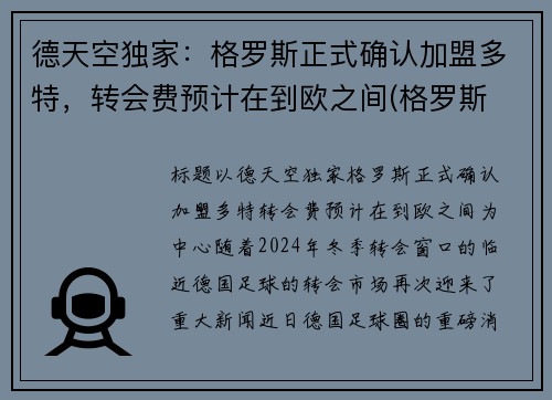 德天空独家：格罗斯正式确认加盟多特，转会费预计在到欧之间(格罗斯 f1)