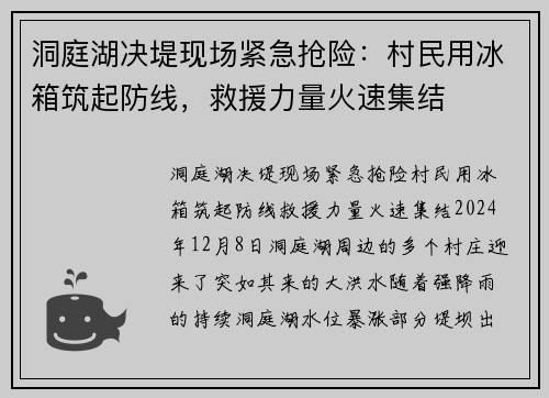 洞庭湖决堤现场紧急抢险：村民用冰箱筑起防线，救援力量火速集结