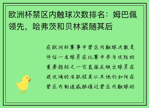 欧洲杯禁区内触球次数排名：姆巴佩领先，哈弗茨和贝林紧随其后